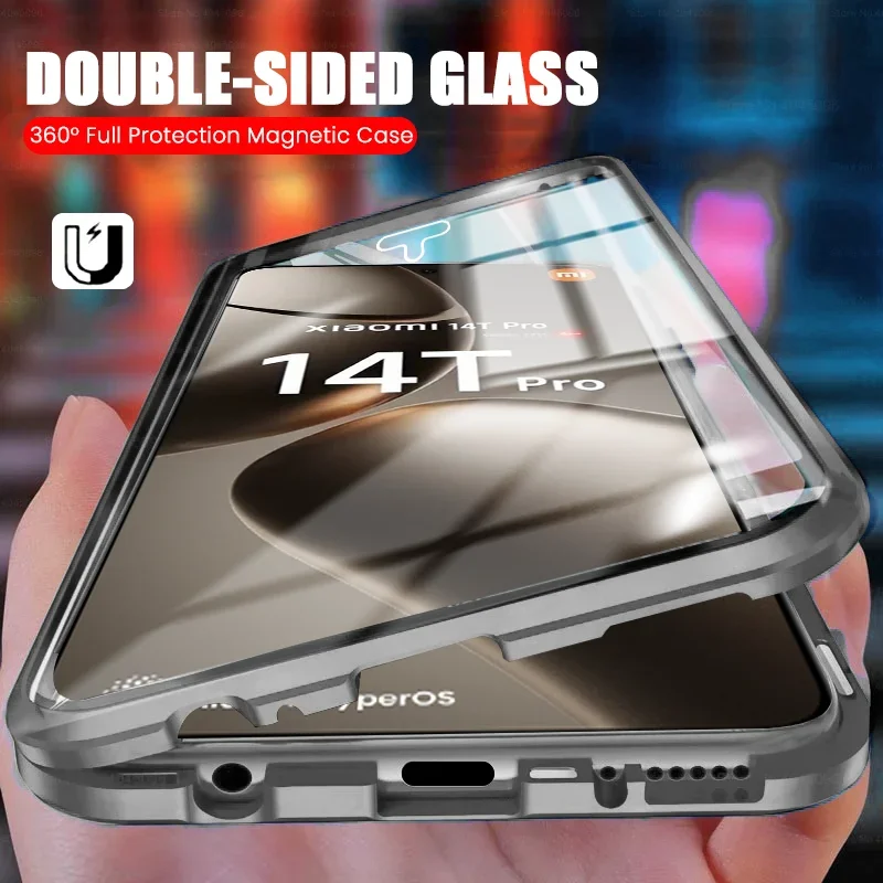 360 Double Sided Magnetic Adsorption Metal Bumper Glass Case for Xiaomi 14T 13TPro 5G Poco X6 X5 Pro M3 Redmi Note14 13 Pro Plus