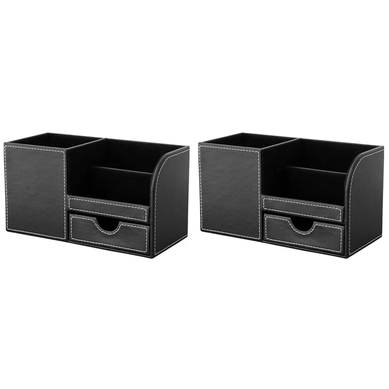 2Pcs PU Leather Multi-Function Desk Stationery Organizer Storage Box Pen/Pencil,Cell Phone,(Black-Flannel)