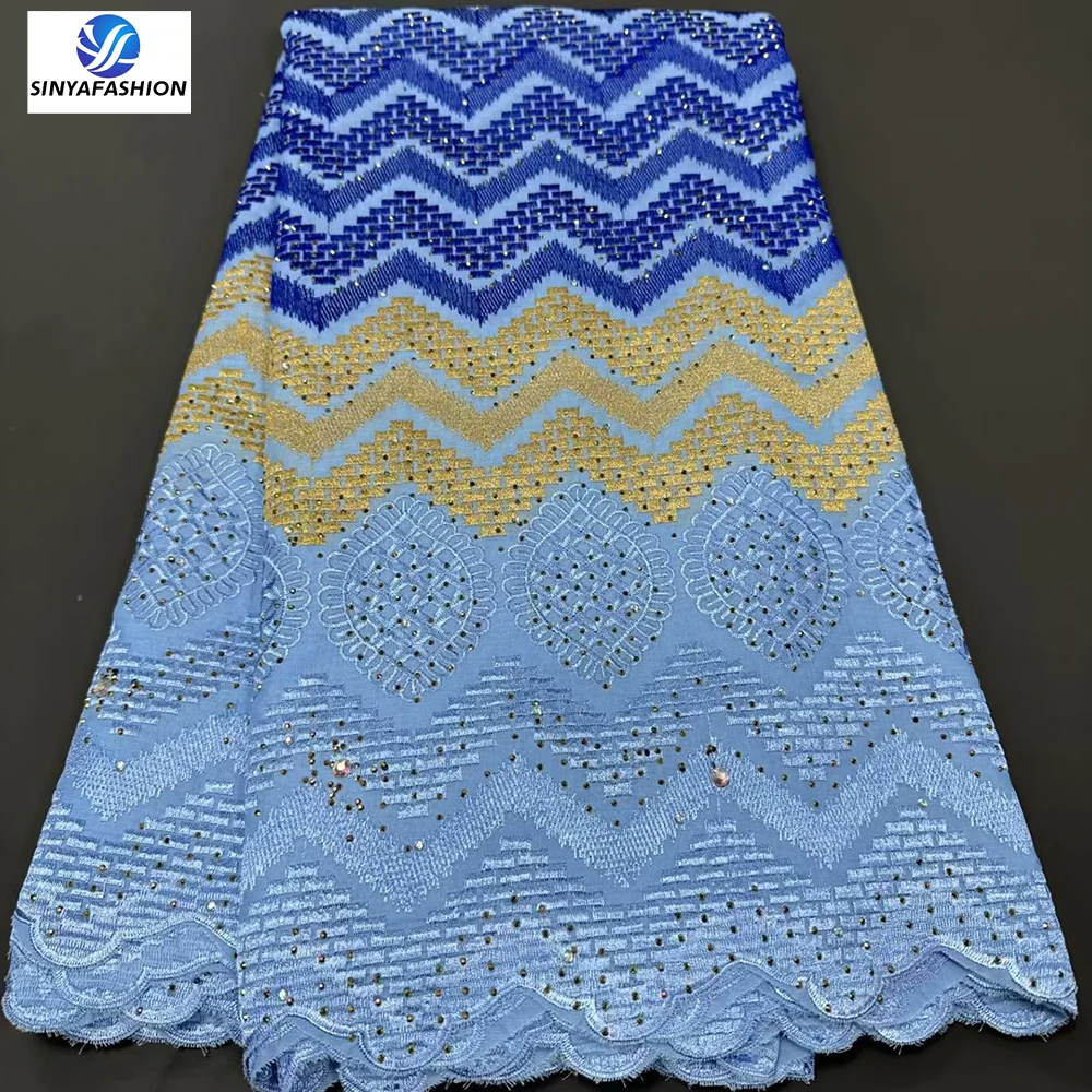 Blue Gold Swiss Voile Lace Fabric Market In Dubai Sinya African Cotton Lace Fabric Embroidery High Quality For Nigerian Dress 29