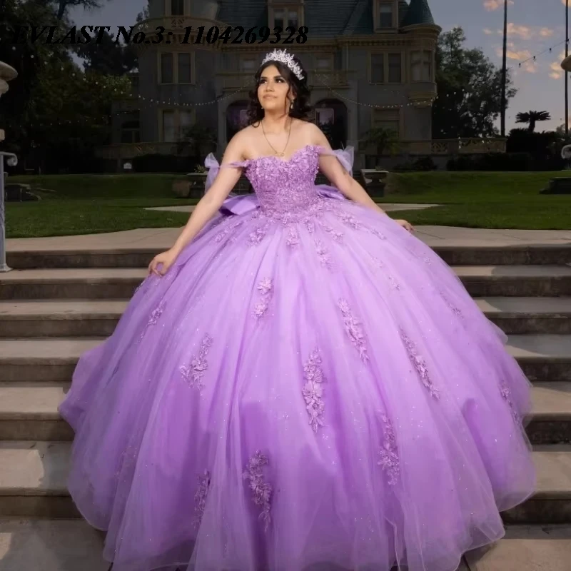 EVLAST Customized Glitter Lilac Quinceanera Dress Ball Gown Lace Applique Beaded Bow Corset Sweet 16 Vestido De 15 Anos E3Q173