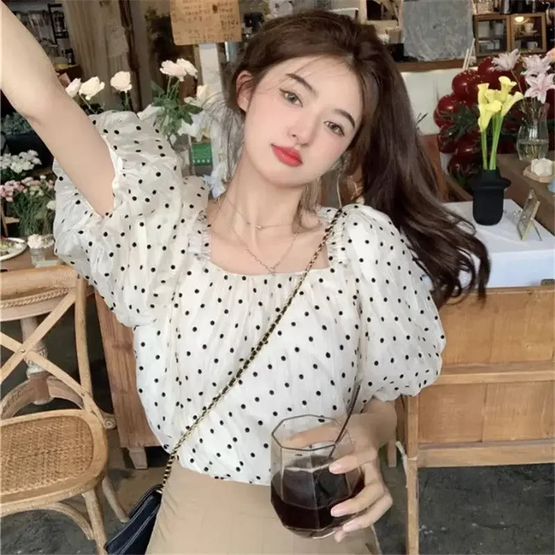 

Summer New Design Wave Point Sweet Chiffon Womens Tops French Style Square Neck Bubble Sleeves Unique Small Female Blouses