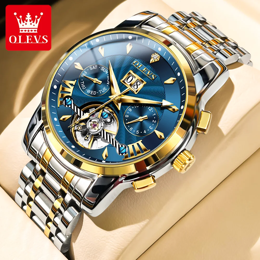 OLEVS Luxury Top Brand Watch for Men Automatic Mechanical Watches Waterproof Stainless Steel Skeleton Design Man Wristwatch