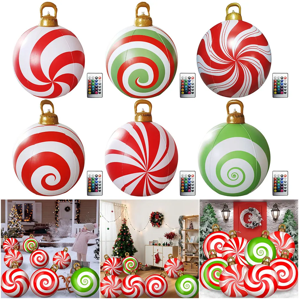 24 Inch Light Up PVC Inflatable Christmas Ball New Years Christmas Ornaments with Light and Remote Holiday Yard Lawn Porch Decor