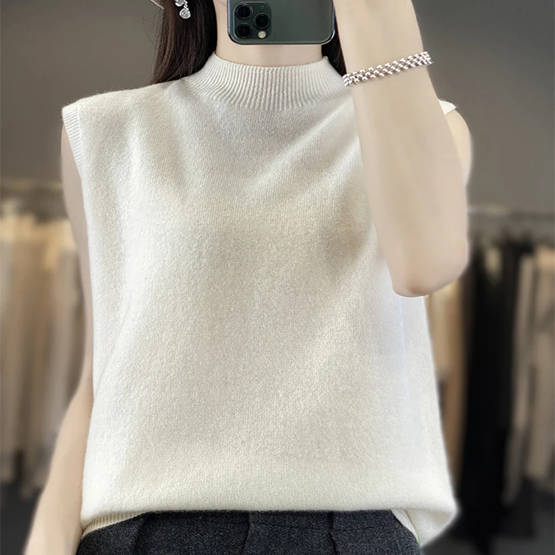 All Season New Tank  Women Half High Collar Sleeveless Sweater Simple Style Solid Soft Vest 100% Wool Knitwear Pullover Clothing