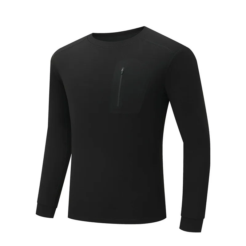 Camiseta masculina de manga comprida com gola redonda e bolso no peito, ideal para atividades ao ar livre, camada base casual, suporta logotipo person