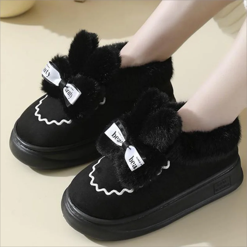 Adorável coelho neve botas para mulheres, desenho de desenhos animados, fundo chato, versão fashion, cobrir os pés, estudantes, sapatos de algodão maomao, inverno