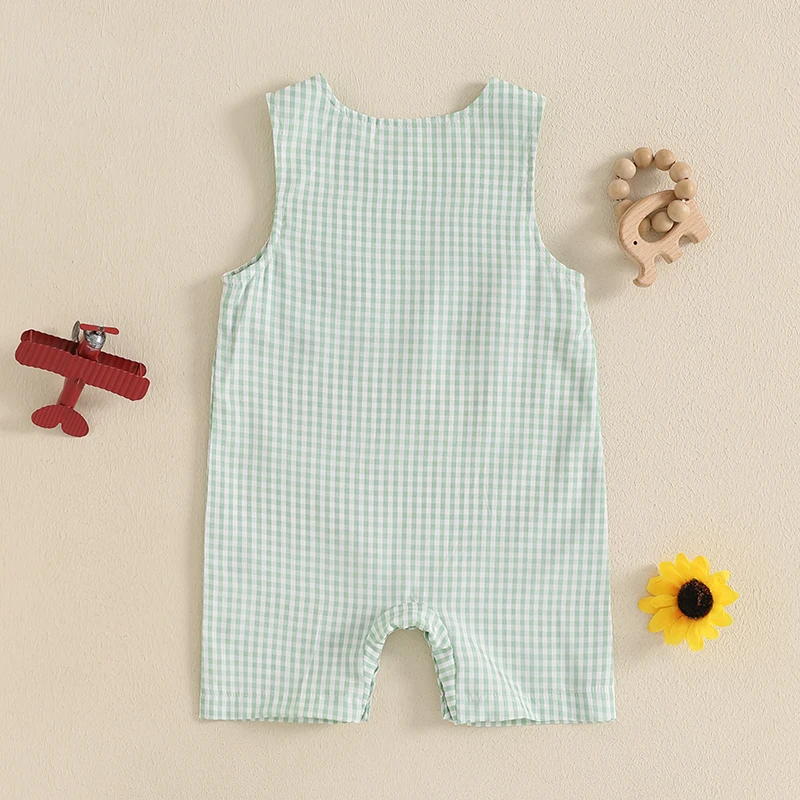 Baju terusan bayi laki-laki, jumpsuit tanpa lengan leher bulat motif kotak-kotak, Romper bordir grafik playsuit bayi baru lahir