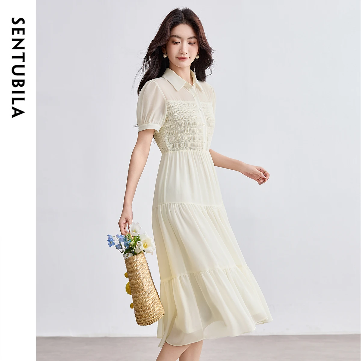 

SENTUBILA Elegant Party Dresses Woman Turn-Down Collar Slim Long Dress Summer Elegant Puff Sleeves Office Lady Dress Q52LS1917