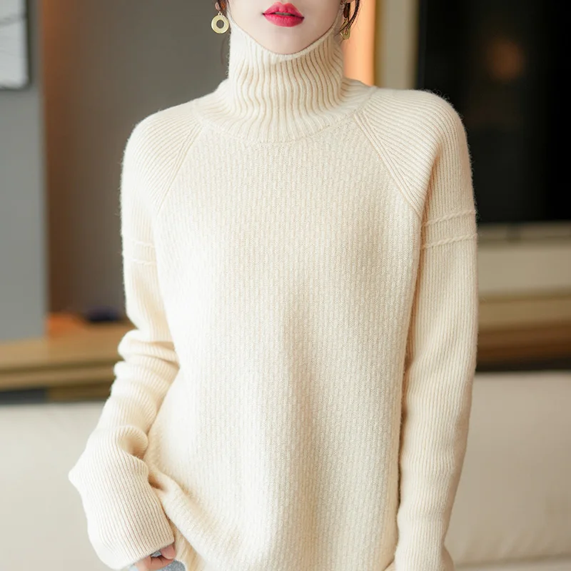 Stripped High Neck  Autumn and Winter New 100% Pure Wool Sweater Loose Thickened Bottomed Thin Knitwear Women