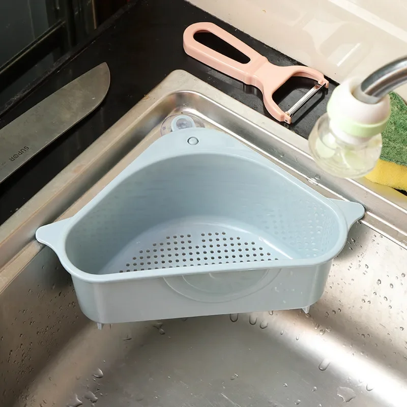 Kitchen Sink Drain Storage Basket Triangular Plastic Storage Rack Vegetable And Fruit Basket With Suction Cup Fruit Storage Rack