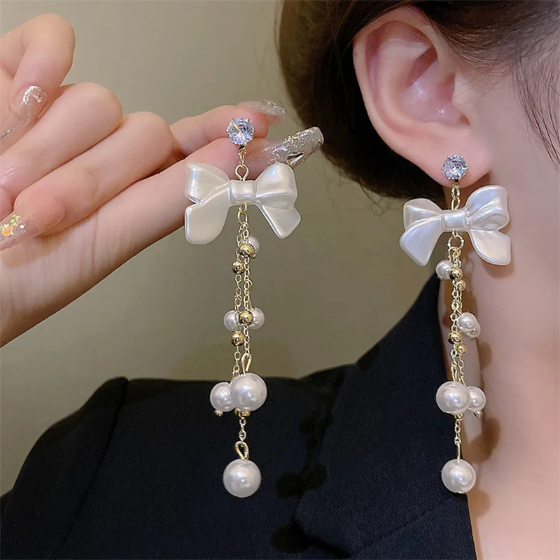 Luxury Women's Long Pearl Bow Earrings Elegant Aesthetic Korean Trend Tassel Dangle Earrings Jewelry Accessories Fairy Gift