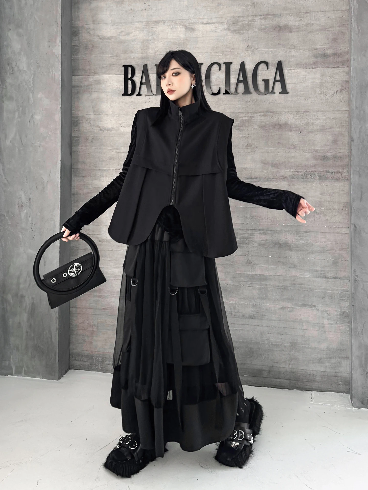 

Fashionable Dark Style Sleeveless Women's Set High Waist Mesh Splicing Skirt Pants Layering Sense Elegant Wind Polyester Fiber