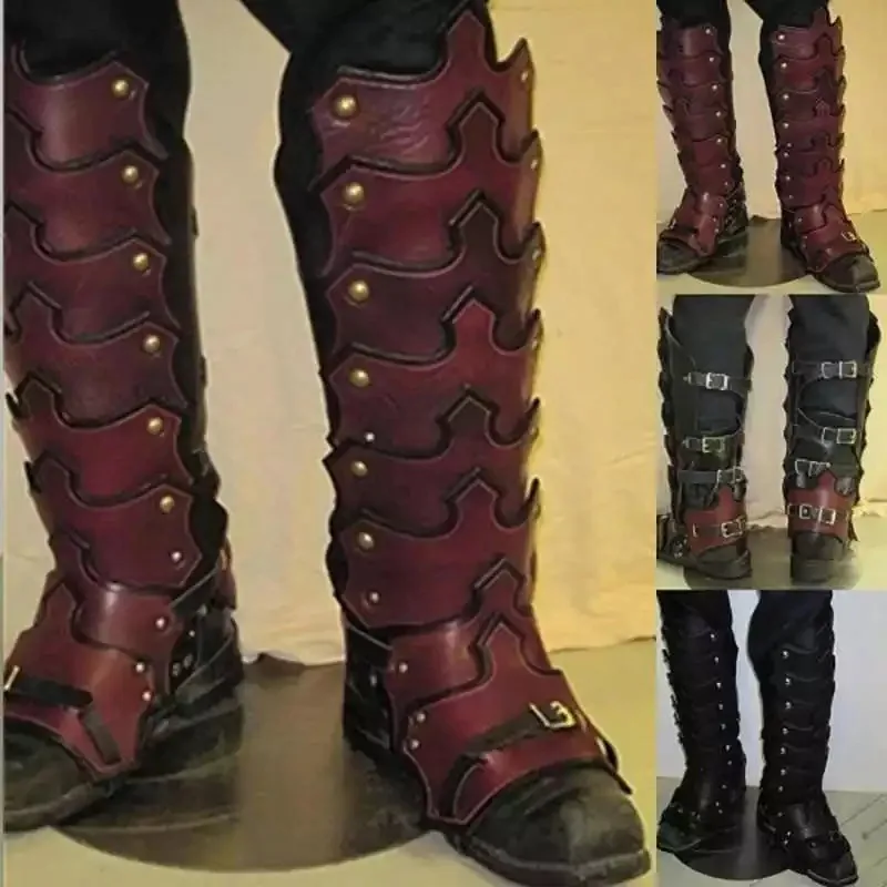 

Medieval Renaissance PU Leather Leg Shin Guards Viking Knight Warrior Boot Shoe Cover Greave Kit Cosplay Costume Accessory Larp