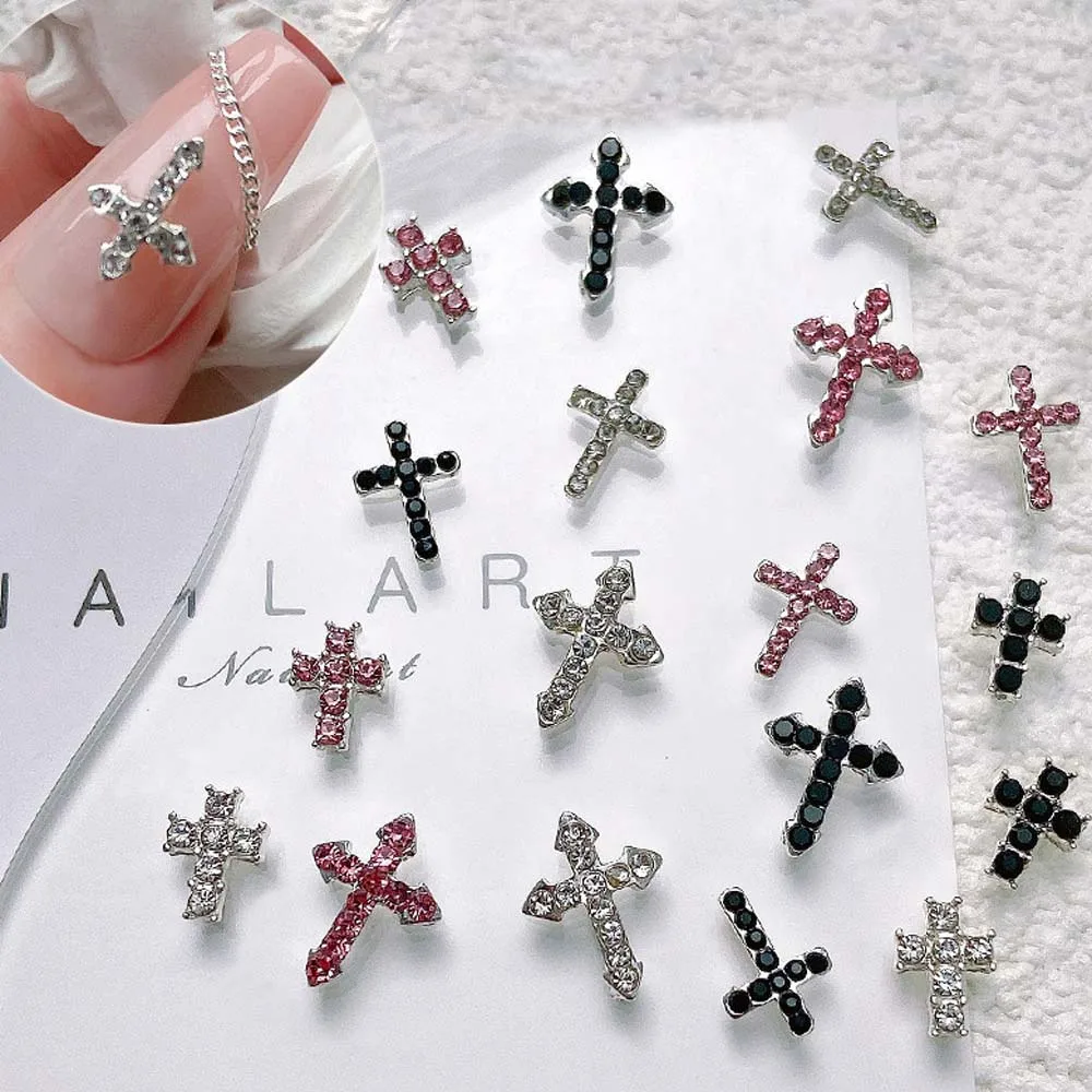 10Pcs Classic Full Glitter Rhinestones Cross Nail Art Charms 3D Punk Silver Diamond Cross Nail Decoration Luxury DIY Nail Parts