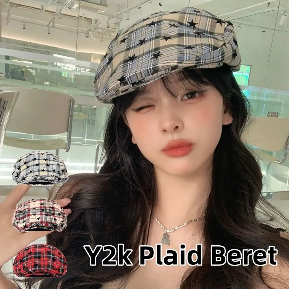 

Casual Vintage Women's Beret Japanese Y2k Plaid Newsboy Cap Star Heart Versatile Painter Cap Outdoor