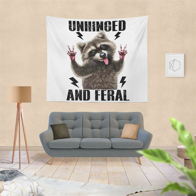 Gaslight Gatekeep Girlboss Unhinged and Feral Raccoon Funny Meme Gen Z Tapestry Wall Hanging Art for Bedroom Living Room Decor