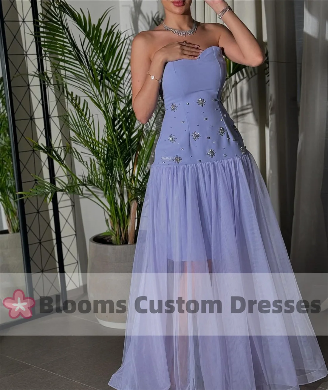 Blooms Beaded Rhinestone Customized Evening Dresses For Special Occasion Tulle Crepe Saudi Party Gown Formal Prom Dress