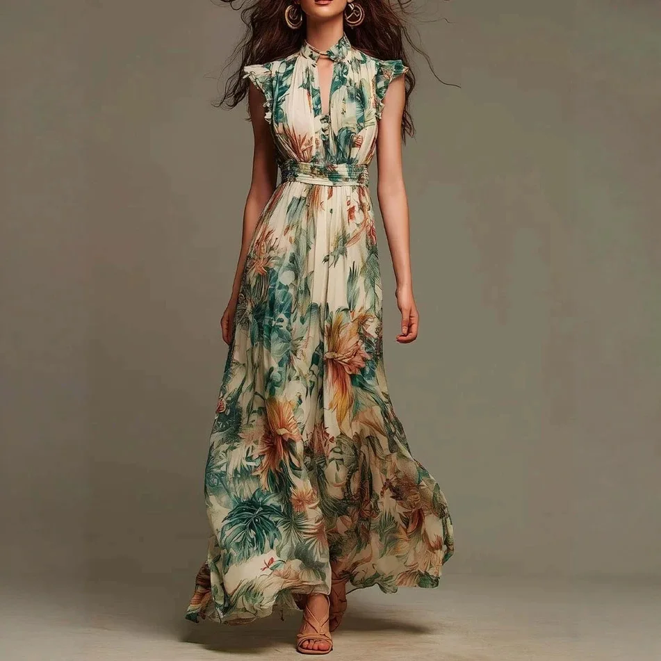 Robe longue bohème en mousseline fluide à imprimé floral, sans manches, col montant à volants, découpe frontale, taille smockée pour femme