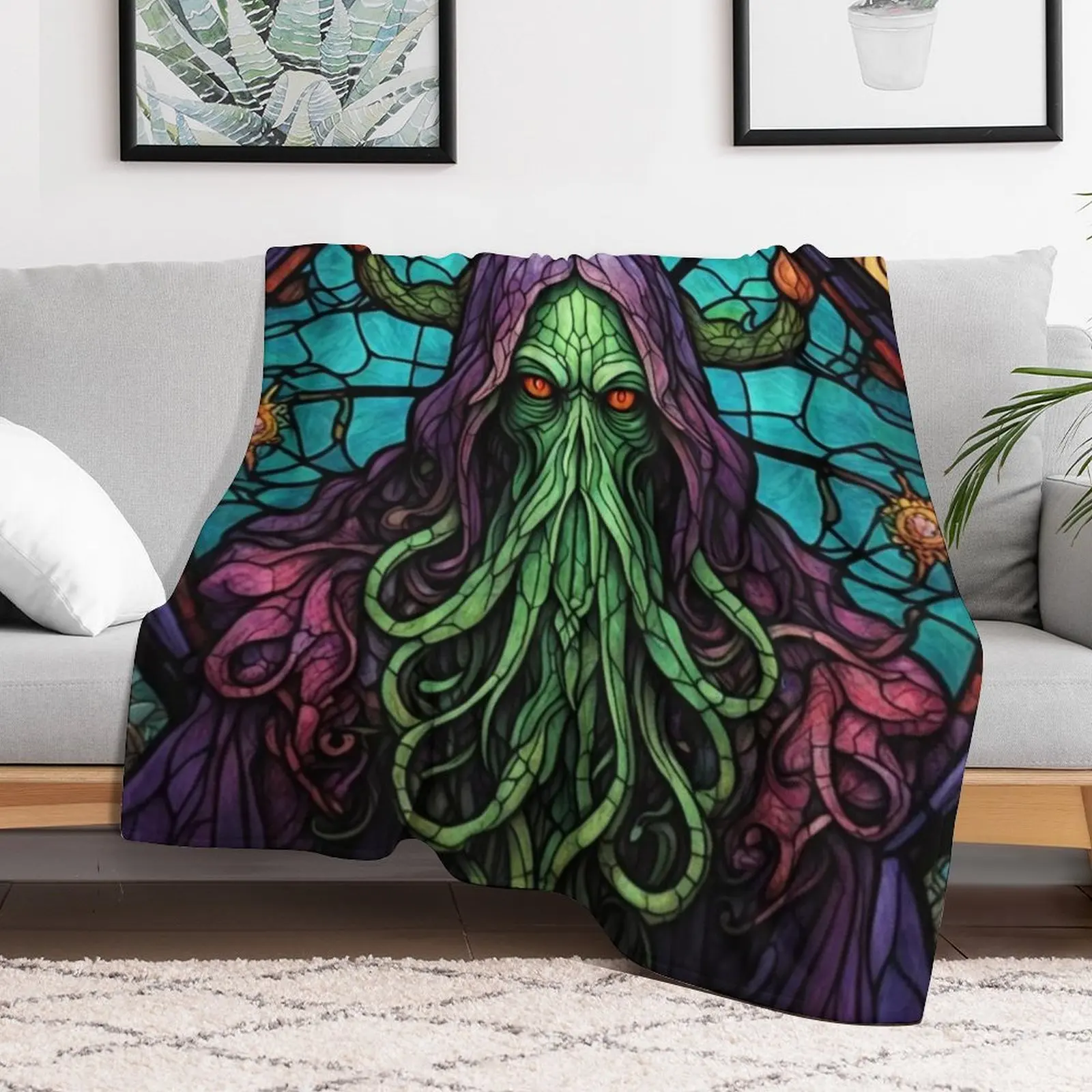 Cthulhu Stained Glass, Unholy, Lovecraftian, Tentacles, Horror Throw Blanket Giant Sofa For Decorative Sofa Blankets