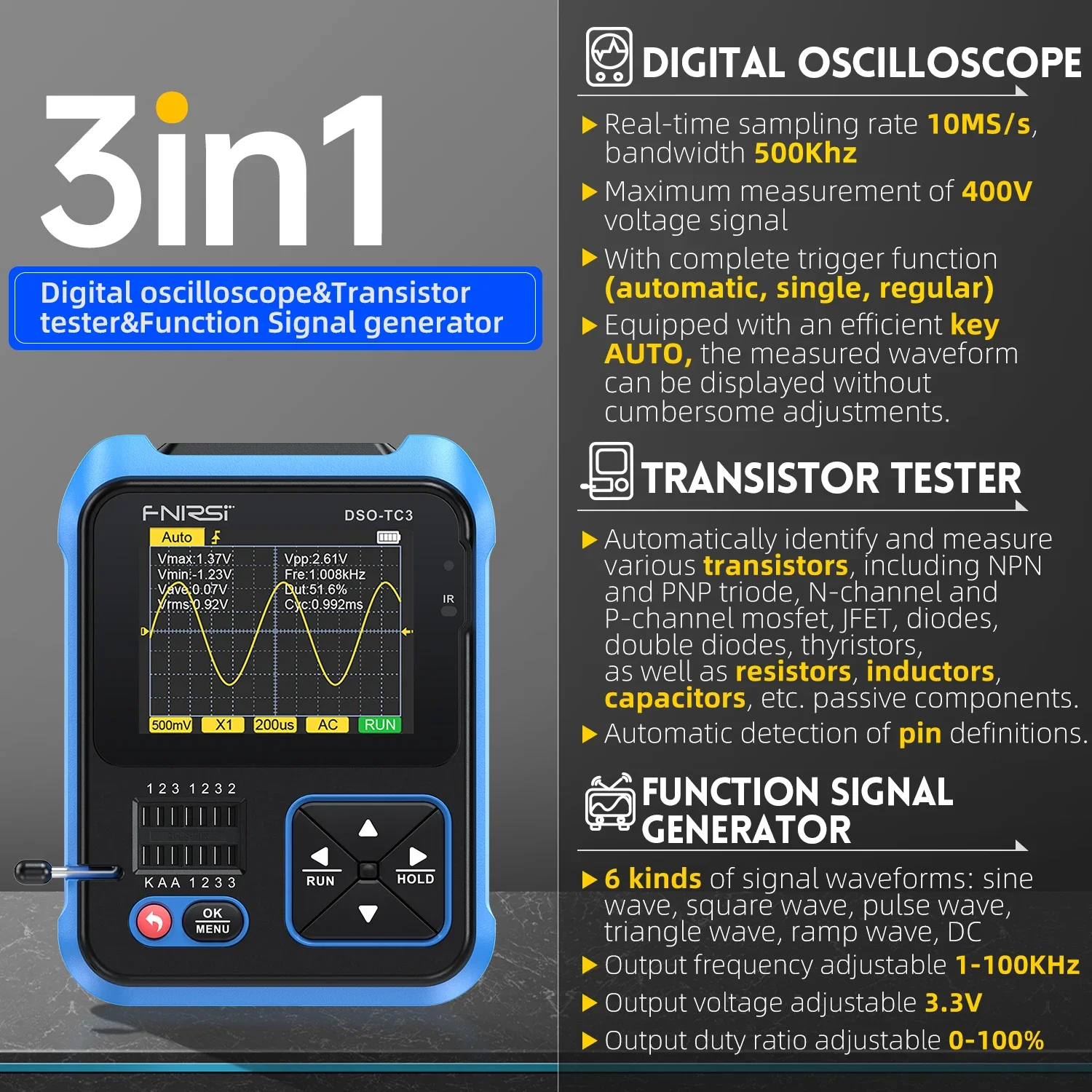 FNIRSI DSO-TC3 High Profile Oscilloscope 3 in 1 Transistor Tester Multi-function Multimeter Diode Portable Digital Oscilloscope