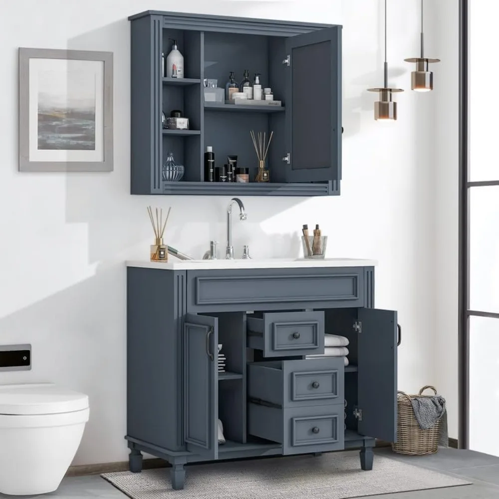 Bathroom Vanity with Integrated Resin Sink and Mirror Cabinet, Freestanding Single Basin Vanity Set with Storage Shelves