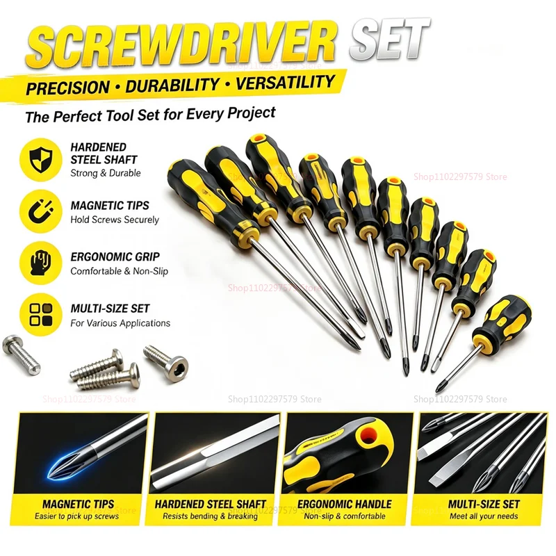 11PCS Magnetic Screwdriver Set Professional Flat Cross Head Cushioned Grip Handle Anti Demagnetizing Remagnetizing Tool