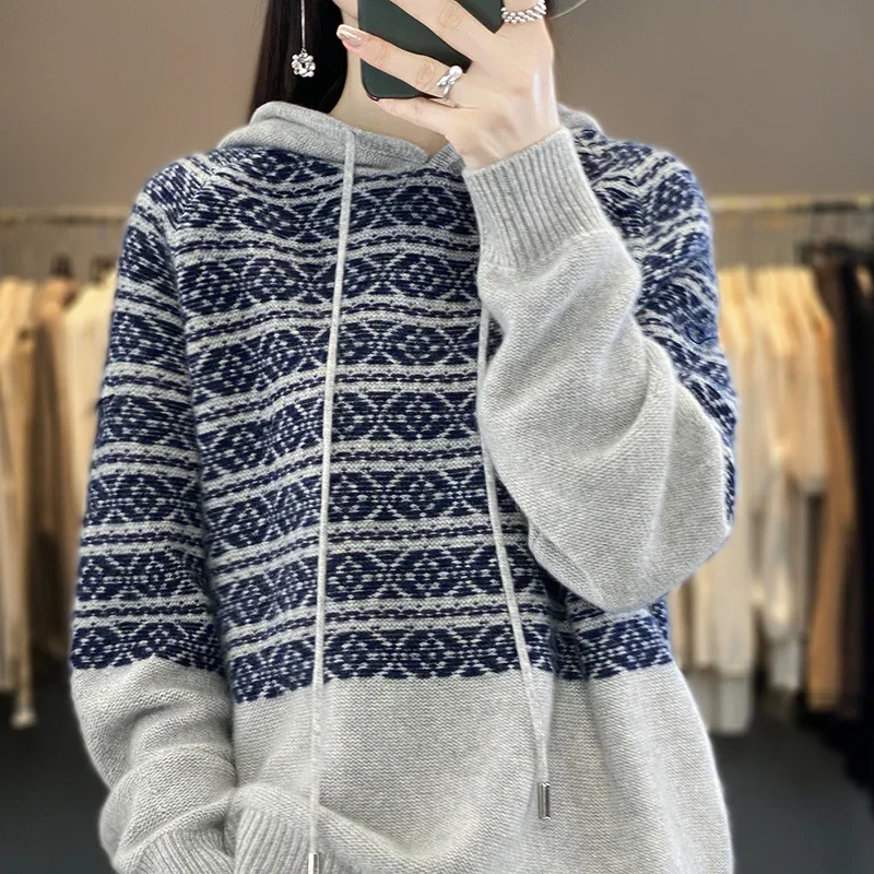 Pullover Cashmere Sweater Women's Knitted New  23 Hooded Women's 100% Wool Sweater Loose and Comfortable in Autumn and Winter