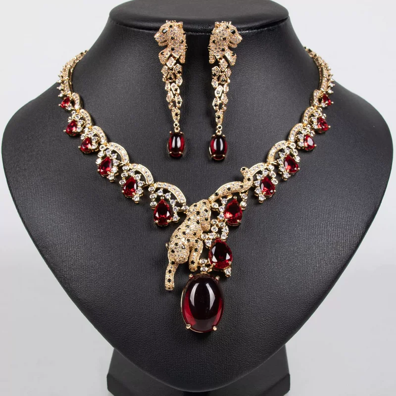

Designer Collection Dinner Party Jewelry Sets Settings Cubic Zircon Black Patches Leopard Tassels Pendant Necklace Earrings