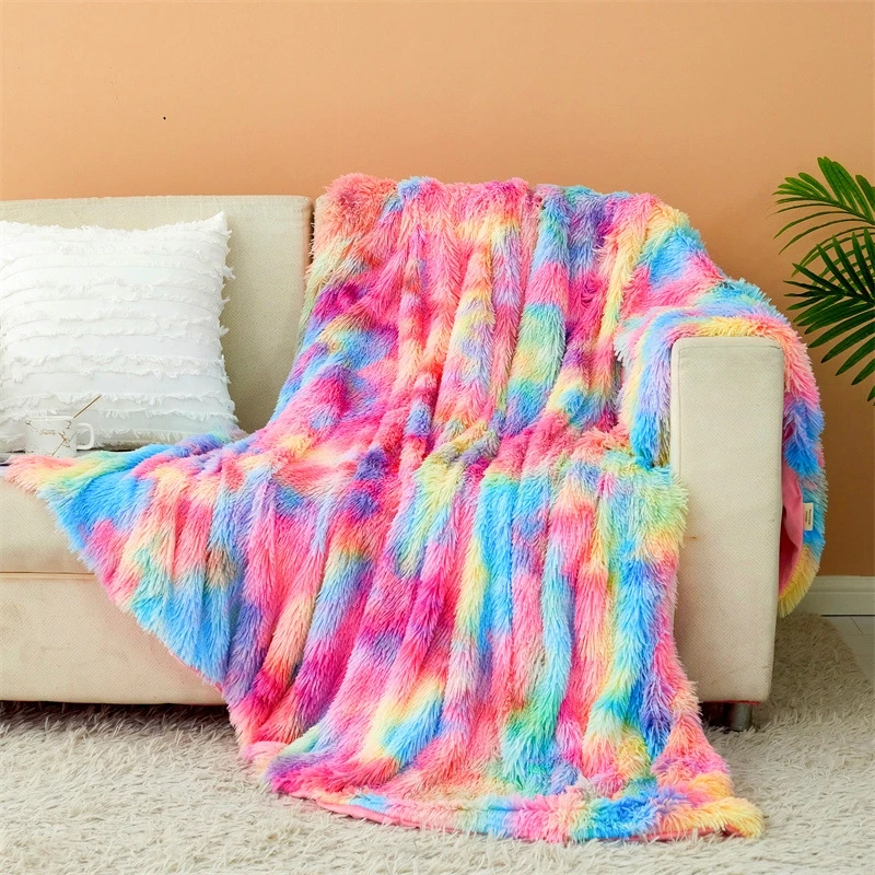 Faux Fur Throw Blanket Rainbow Big Bubble Rabbit Fluff Blanket for Couch Bed Fluffy Fuzzy Cozy Blanket Warm Blankets for Women