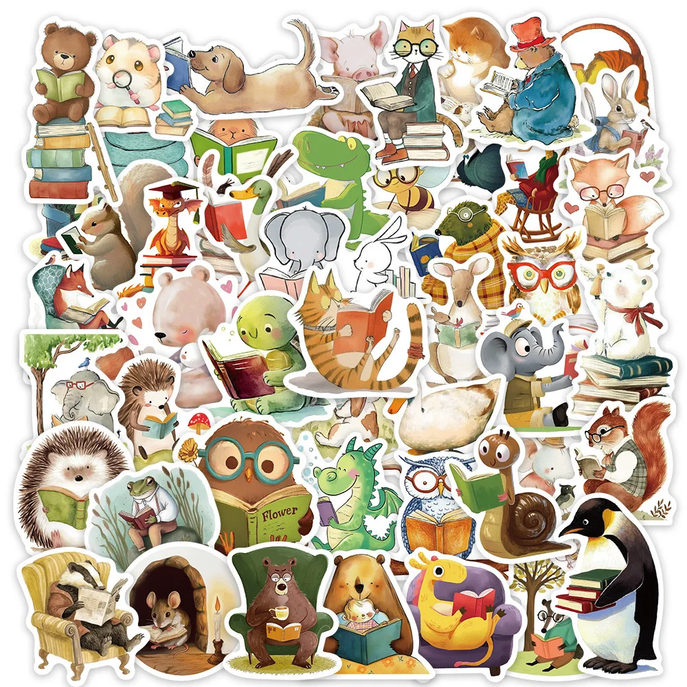 10/50/100pcs Cute Funny Animal Reading Book Stickers Kindle Aesthetic Scrapbook Notebook Phone Laptop Guitar Luggage Sticker Toy