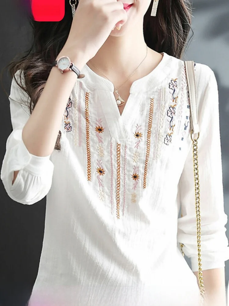 Casual Cotton Long Sleeve White Shirt Women's V-neck Embroidery Ethnic Style Versatile Spring Autumn New Fashion Straight Cut