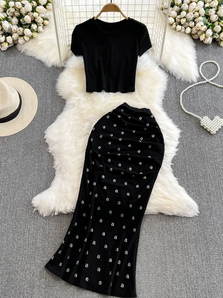 

Faionable High Waist ort Sve round Ne Slim Fit T-irt And Fi Tail f Skirt Set Korean Sle Student orm Wor...