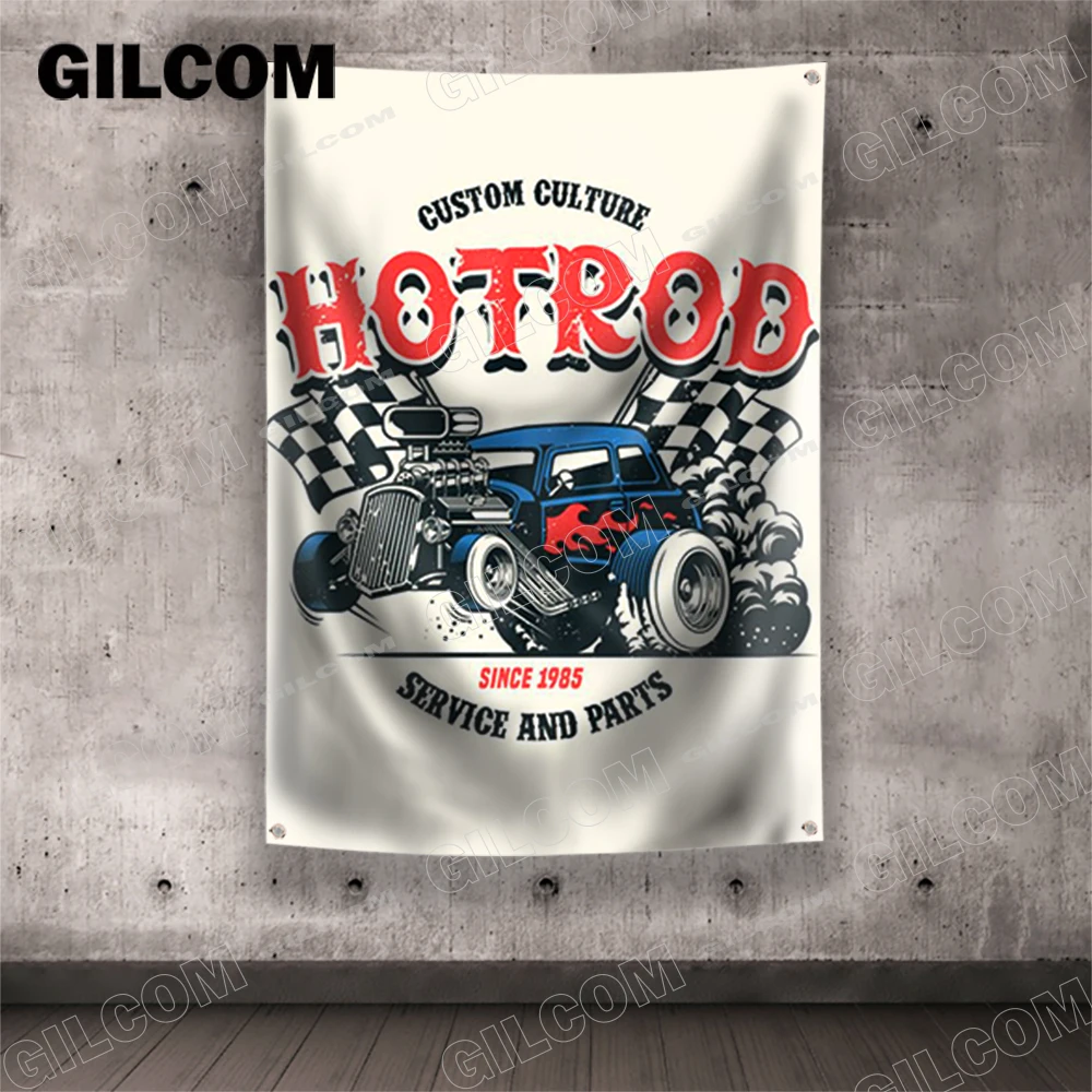 Hot Rod flaga samochody klasyczne wyścigi gobelin w stylu Vintage plakat Retro reklamują Logo sportowe na zewnątrz klub Banner mosiężne przelotki