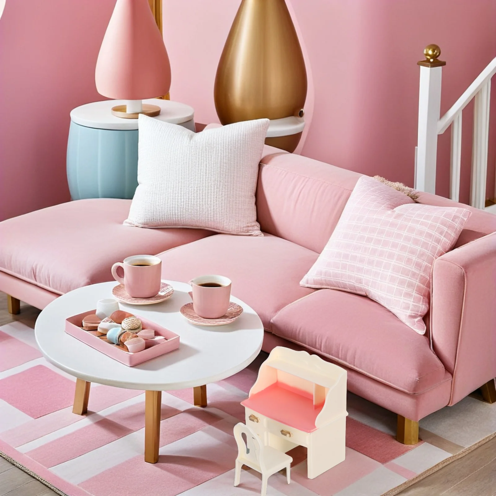 5 conjuntos de móveis de mesa e cadeira em miniatura, materiais seguros de plástico liso para mini casa, escritório, decoração de cena de estudo