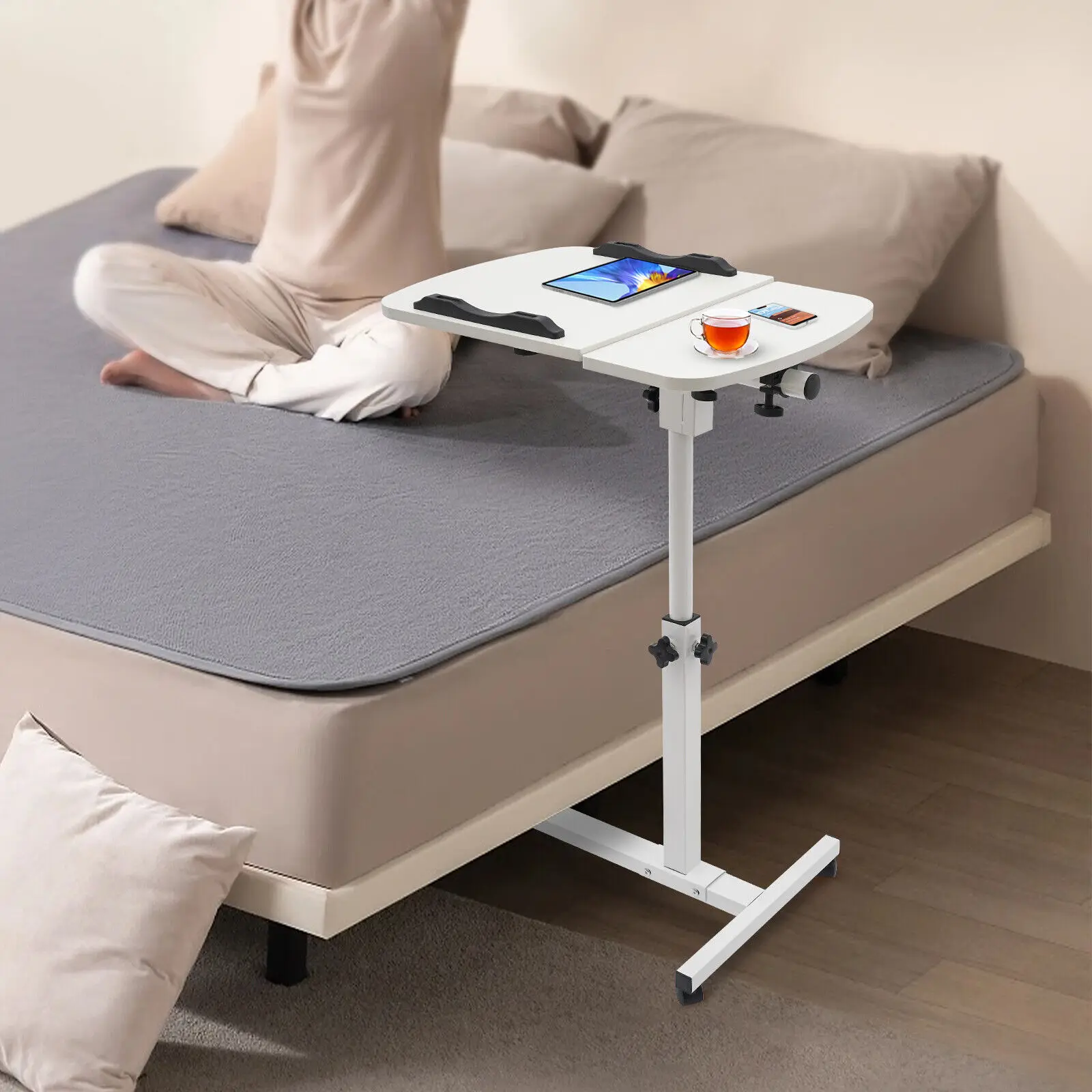 Rolling Laptop Sofa Desk Overbed Food Tray Table Stand Height Angle Adjustable Computer Stand Food Tray Bed Sofa Table