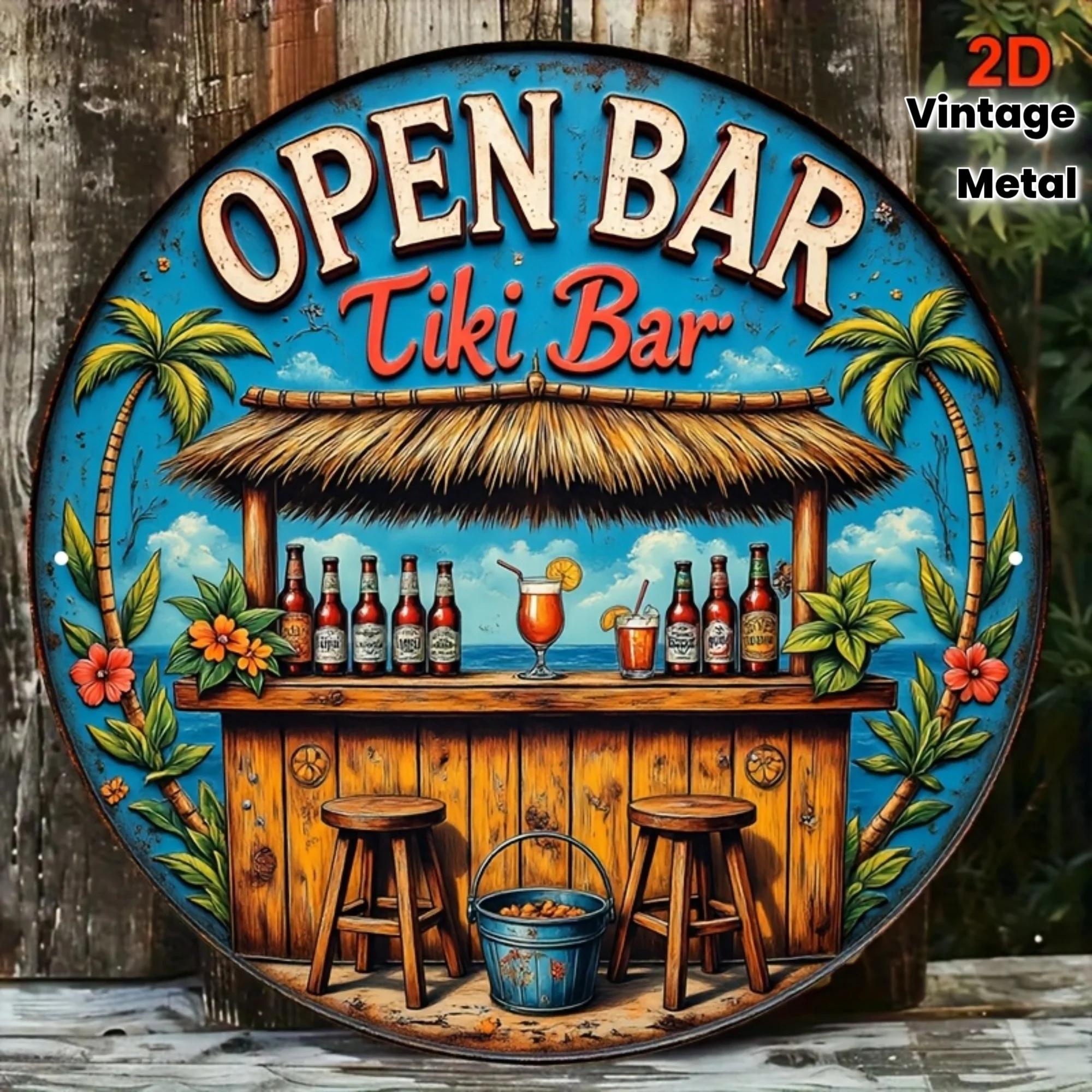 Wooden Vintage Tropical Beach Tiki Bar Iron Wall Art, Featuring Palm Trees, Cocktails, and the Text 