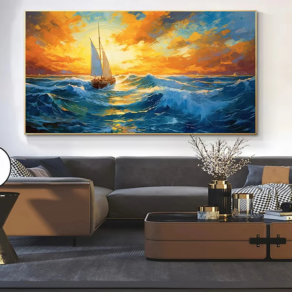 Modern Sailboat Sunset Poster Prints Beautiful Abstract Seascape Canvas Painting Wall Art Picture for Living Room Home Decor