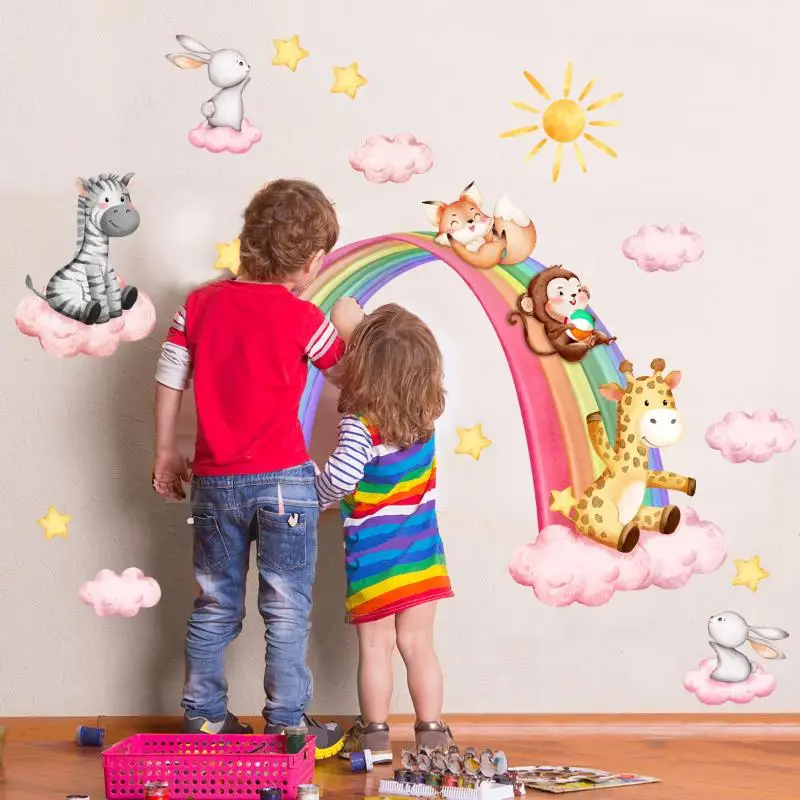 Cartoon Animal Rainbow Slide Cloud Sun Wall Stickers For Kids Room Nursery Self-adhesive Decorative Wall Decals