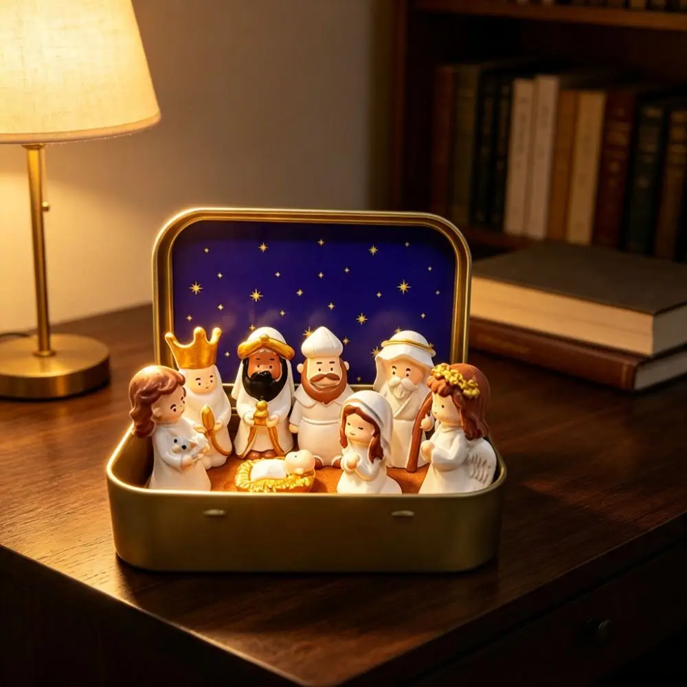 Holy Family Nativity Manger Scene Kit Hand Painted Shepherd Animal Xmas Manger Ornaments Star Liner Cartoon Religious Statues