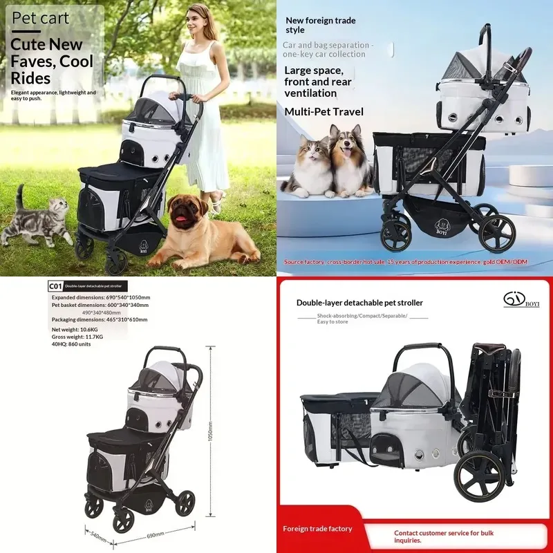 Medium Double Deck Foldable Pet Travel Cart Portable Outdoor Carrier for Cats Dogs