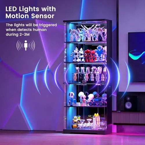 Glass Display Cabinet with Doors and RGB LED Lights | 69" Tall Curio Cabinet, 5-Tier Wooden Shelves, Lockable Display view 5
