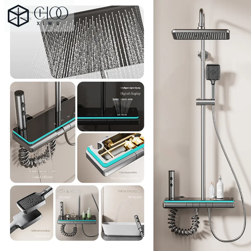 

Piano Keys Shower System Set Display Digital Multifunctional Bathroom Shower Set Piano Keys Ambient Lighting