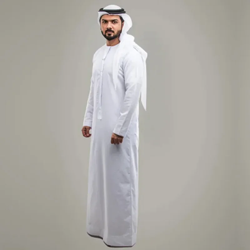 National Costume Men Muslim Clothing White Jubba Thobe Long Sleeve Robes Dubai Middle East Men Islamic Arabic Kaftan Headwear