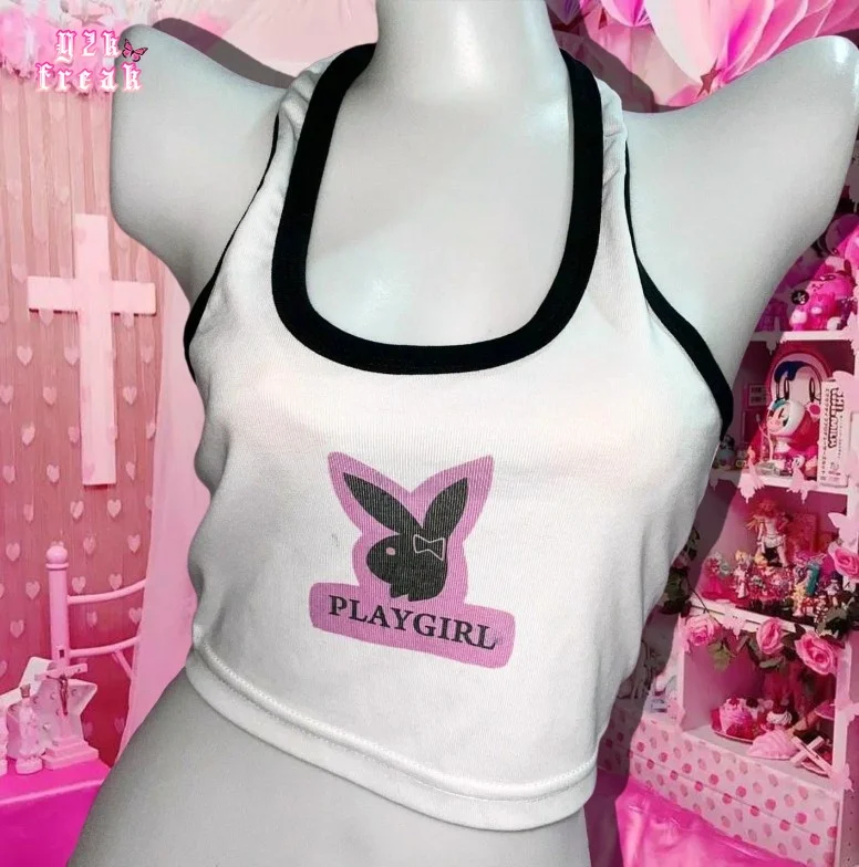 Y2K PlayGirl Halter Tank Tops Vintage Spice Girl Printed Rabbit Egirl Crop Top  Unique Top T Shirt