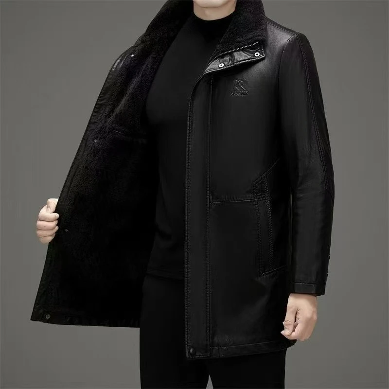 2026 New Men Fashion Casual Fur Integrated Leather Coat Winter Men Mid-Length Thickened Wool Liner Warm Sheep Leather Jacket