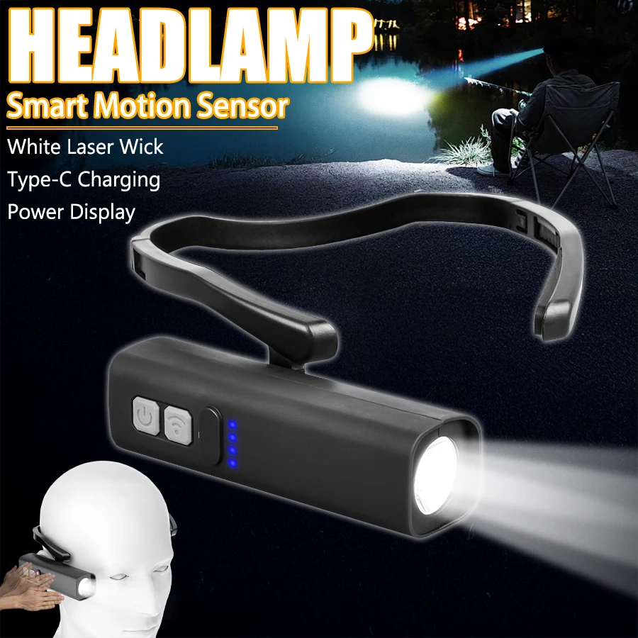LED Headlamp Headlight Rechargeable Motion Sensor 3 Modes Type-C Waterproof Head Torch for Outdoor Cycling Running Camping Work