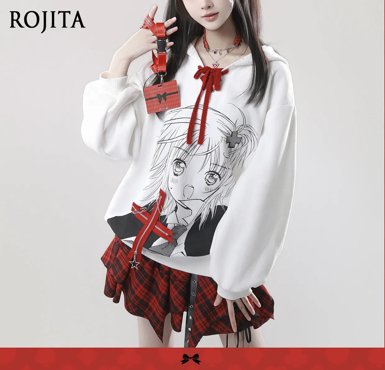 Harajuku Anime Sweatshirt Sketch Print Lace-Up V-neck Pink Oversized Hoodie Pink Pullover Top