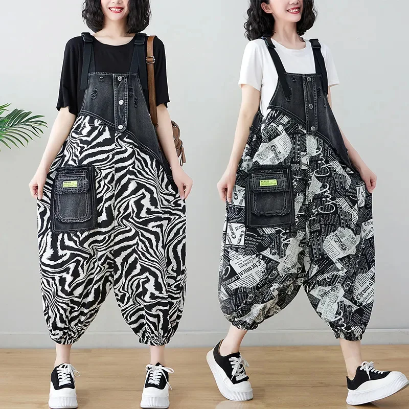 

Personalized Printed Splicing Denim Pants Overalls Women's Casual Clothes Spring Summer Student Loose Jumpsuit