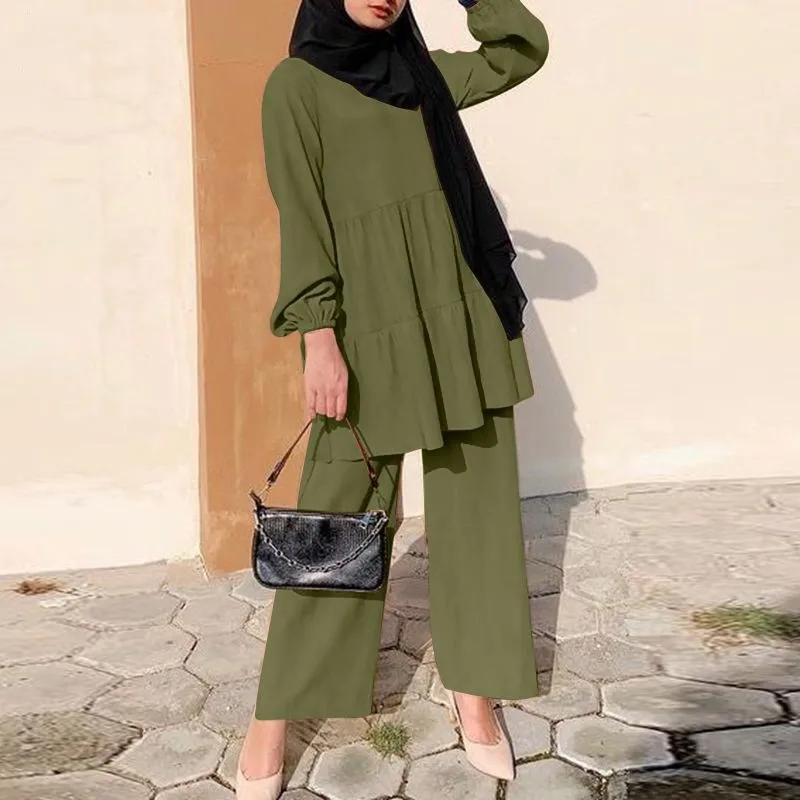 

Loose Solid Color 2 Piece Set Autumn Fashion New Casual O-neck Long Sleeve Spliced Folds Top Elastic Waist Wide Leg Pants Set