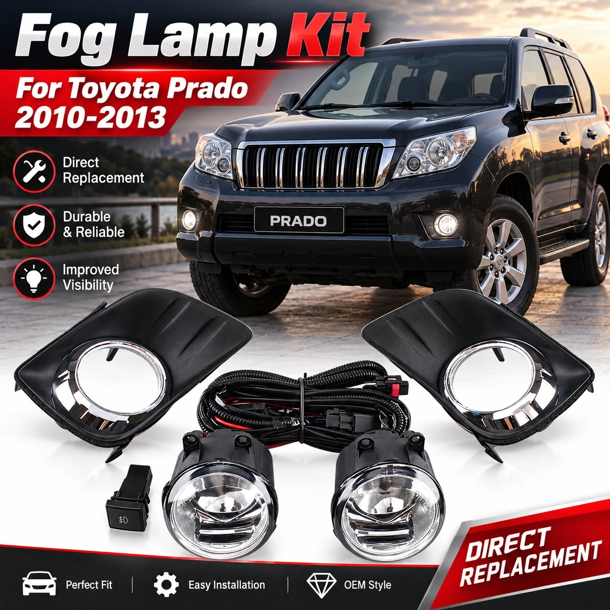 Front Bumper Fog Light Assembly For Toyota Prado 2010-2013 Fog Lamp Set With Wiring Harness Switch Covers